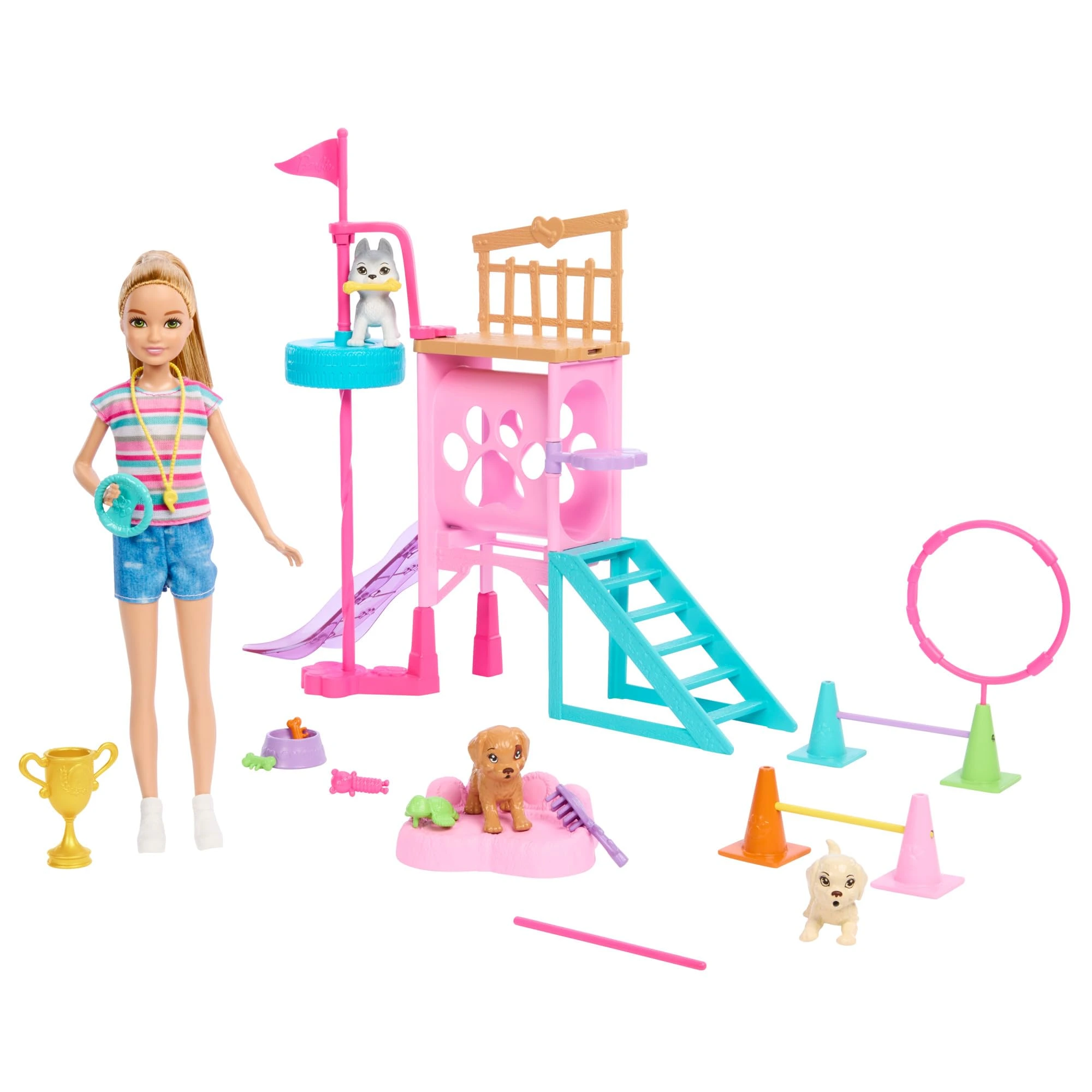 Barbie & Stacie Puppy Obstacle Course Playset with Doll, 3 Puppies & Accessories – Ages 3+