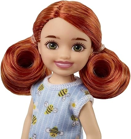Barbie Club Chelsea Mini Doll – Red Hair with Bumblebee and Flower Print Dress & Blue Sandals (HGT04) – Ages 3 to 12