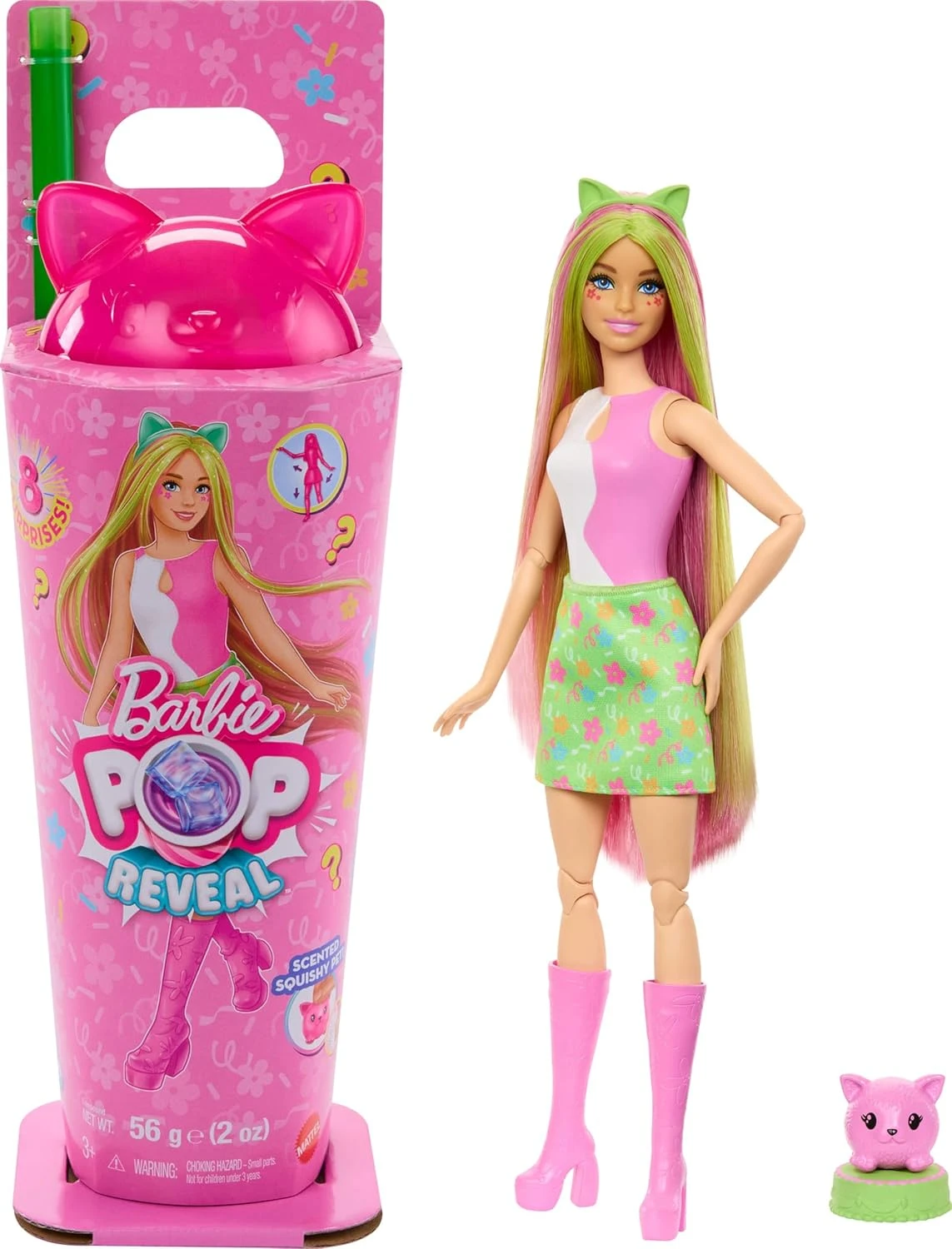 Barbie Pop Reveal Shakes Series Doll & Accessories Set with 8 Surprises, Scented Cute Kitten Doll, Color Change Feature – Ages 3+